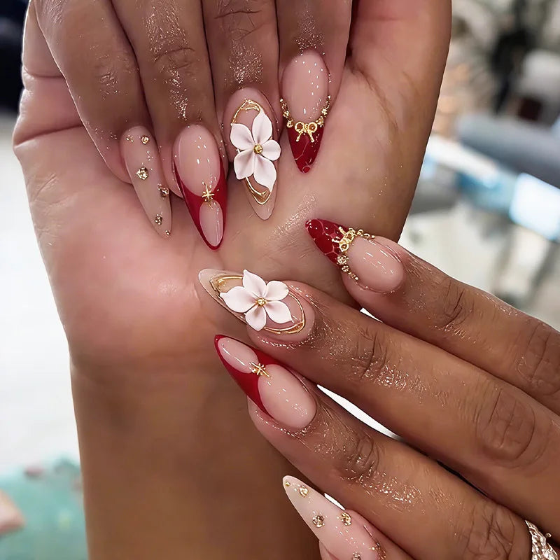 24pcs Long Almond Sweet Flower Pink with Shell Pearl Design Acrylic Nails