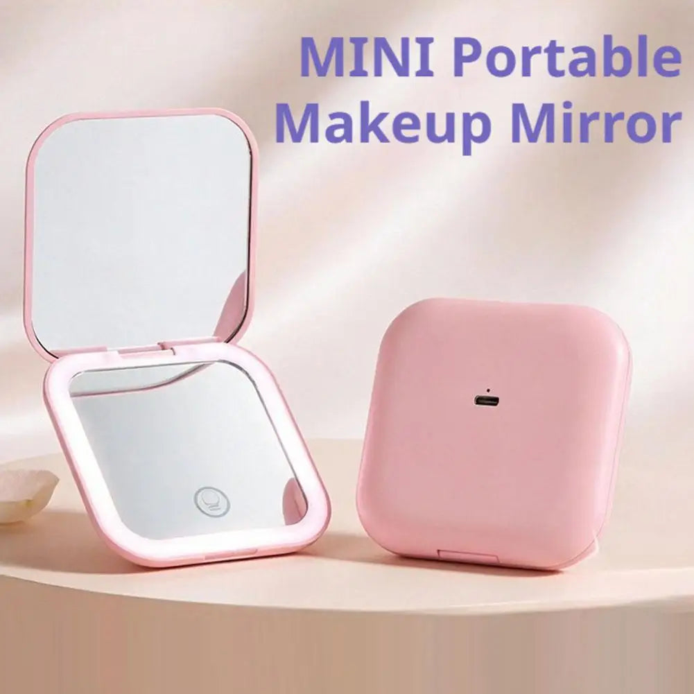 Portable Folding LED Makeup Mirror Rechargeable Handheld Mirror With 2X Magnification Pink Dual-Sided LED Lighted Makeup Mirror