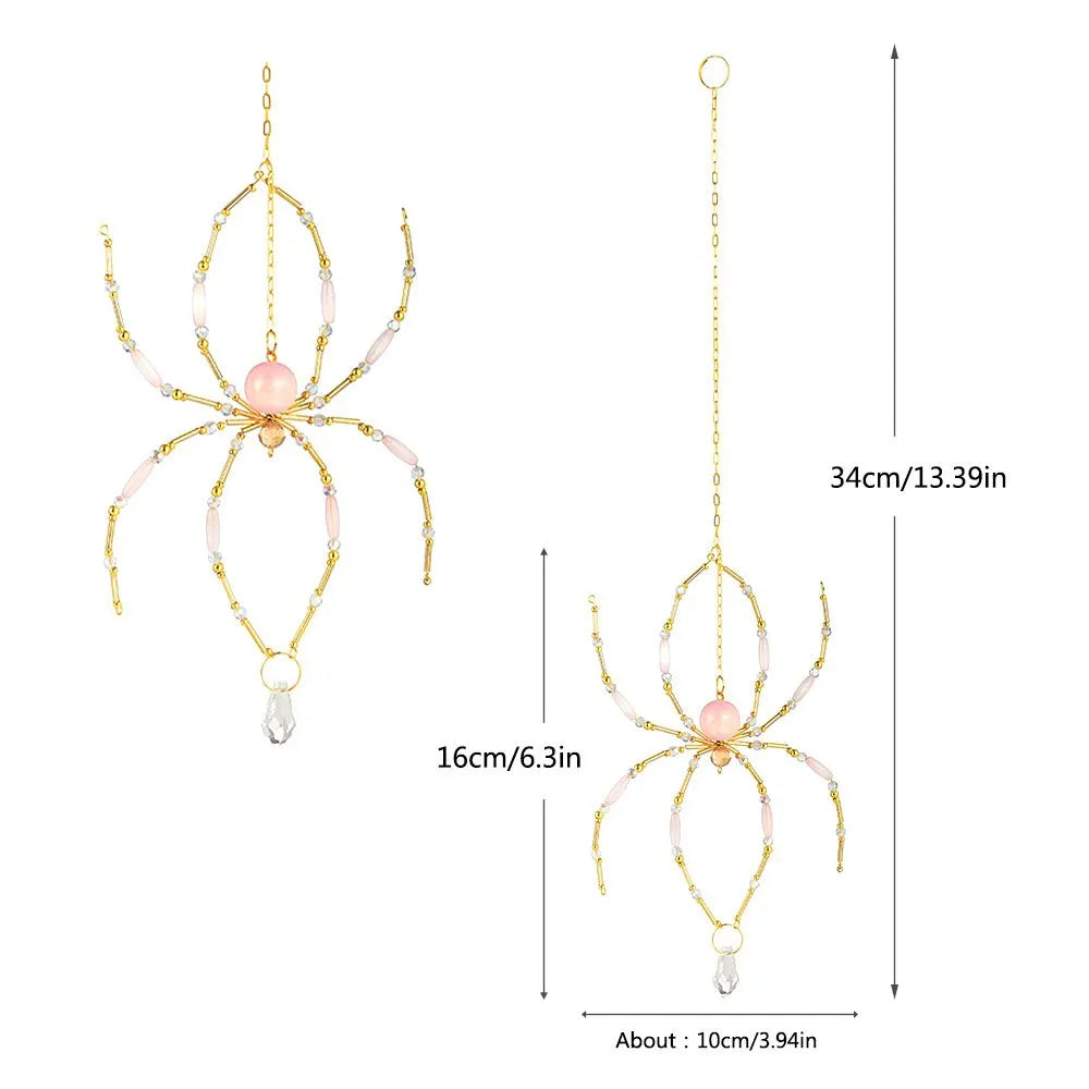 Crystal Pink Spider Suncatcher Pendant, Beaded Wire Spider Prism Light Catcher Hanging Decor for Window Wall Home Halloween