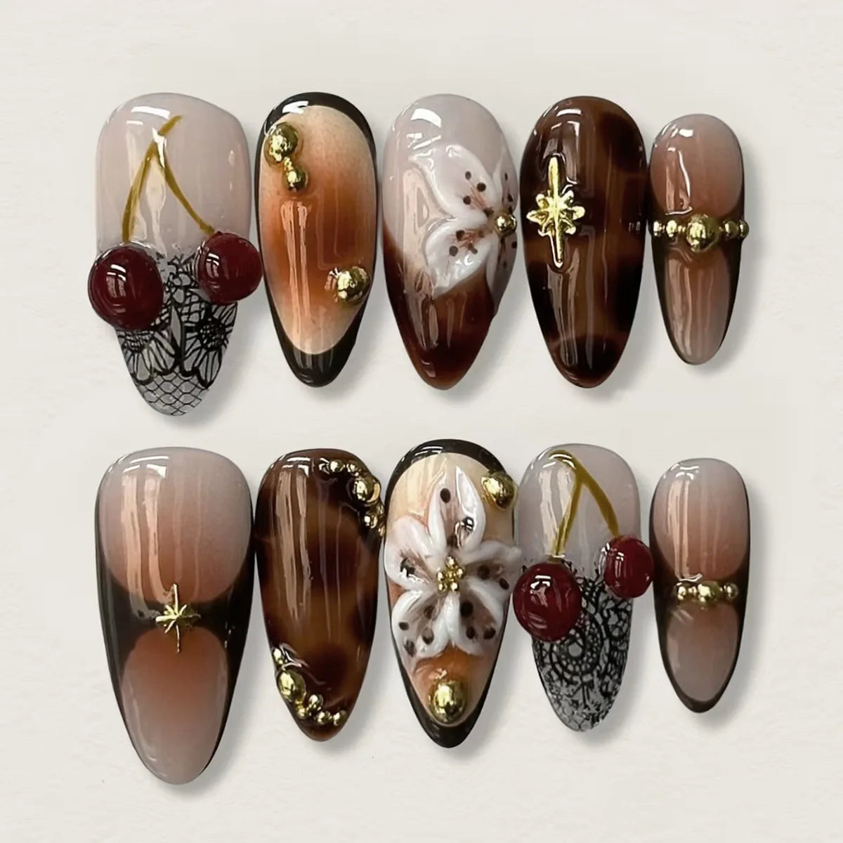 24pcs Long Almond Sweet Flower Pink with Shell Pearl Design Acrylic Nails