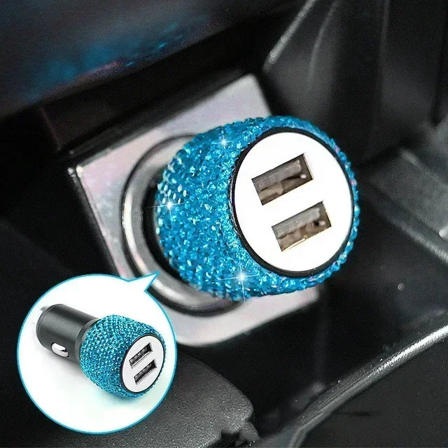 Rhinestone Car Charger 5V 2.1A Dual USB Port Fast Adapter Pink Car Decor Car Styling Diamond Car Accessories Interior for Woman