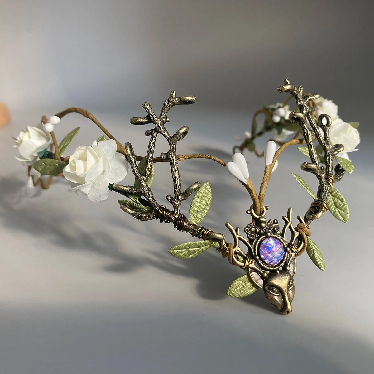 White Flower Fairy Crown - Handmade Rose Woodland Headpiece Forest Elf Crown Elven Floral Circlet for Women Renaissance cosplay