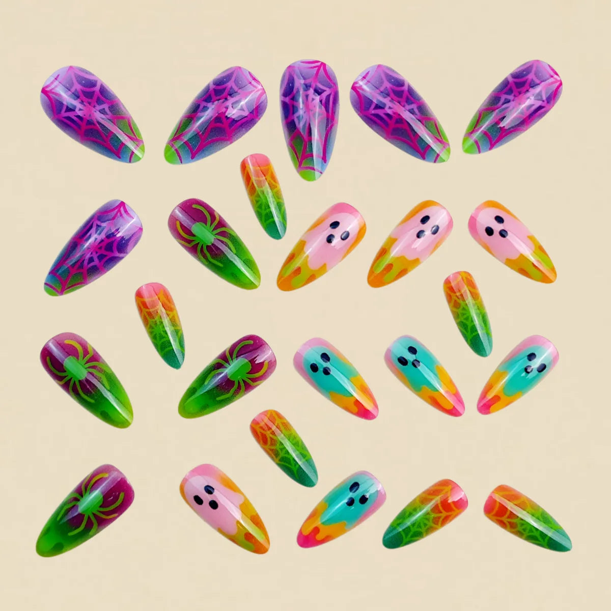 Neon Gradient Color Halloween Press on Nails 3d Ghost Spider Fake Nails Acrylic Nails Fake Nail Full Coverage False Nails Art