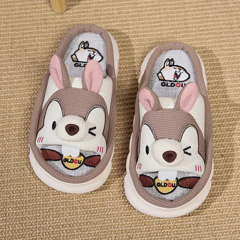 Home Linen Slipper for Women Cute Bunny Clouds Flip Flops Female Design Cozy Shoes Slides Four Season Platform Couples Sandals
