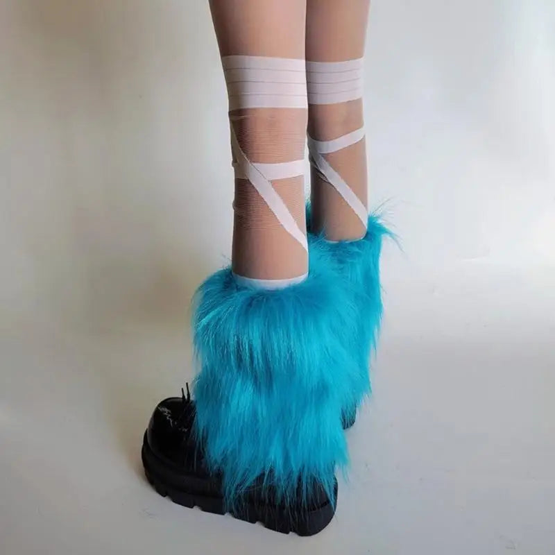 E56A Plush Furry Leg Warmers for Women Winter Boot Toppers Thermal Warm Bright Blue Fuzzy Foot Covers Footless Socks Gaiters