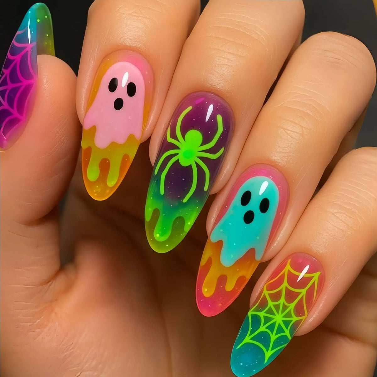 Neon Gradient Color Halloween Press on Nails 3d Ghost Spider Fake Nails Acrylic Nails Fake Nail Full Coverage False Nails Art