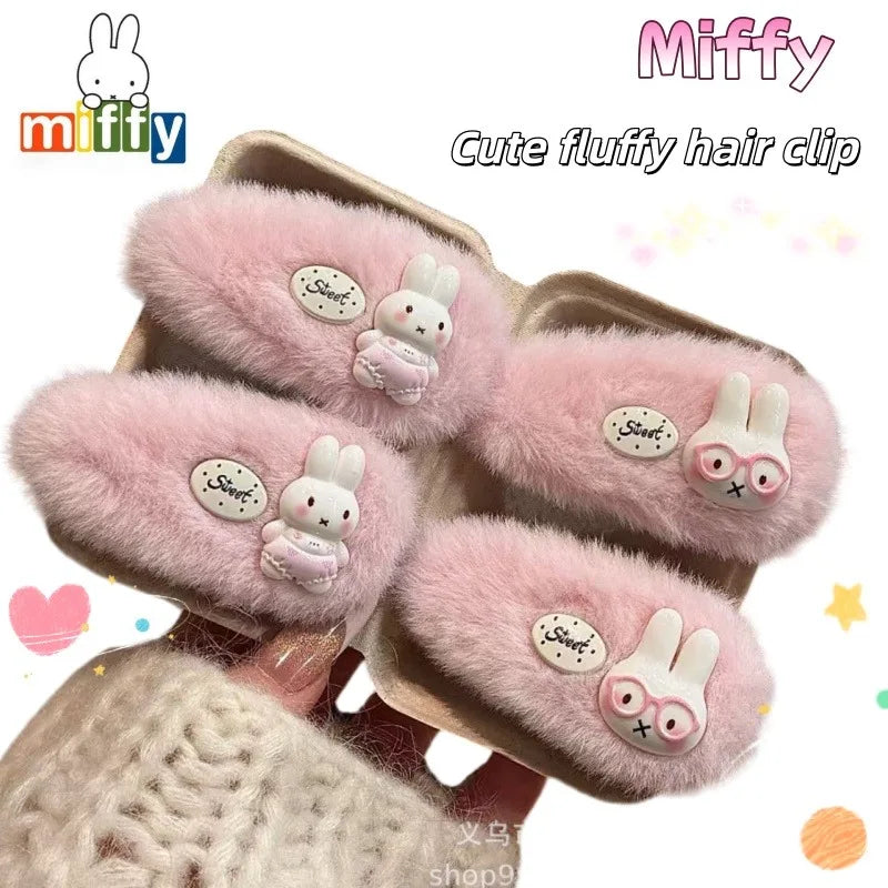 Cute Pink Plush Miffy Hair Clip - Japanese Cartoon Hairpin for Girls, Autumn/Winter Bangs Accessory