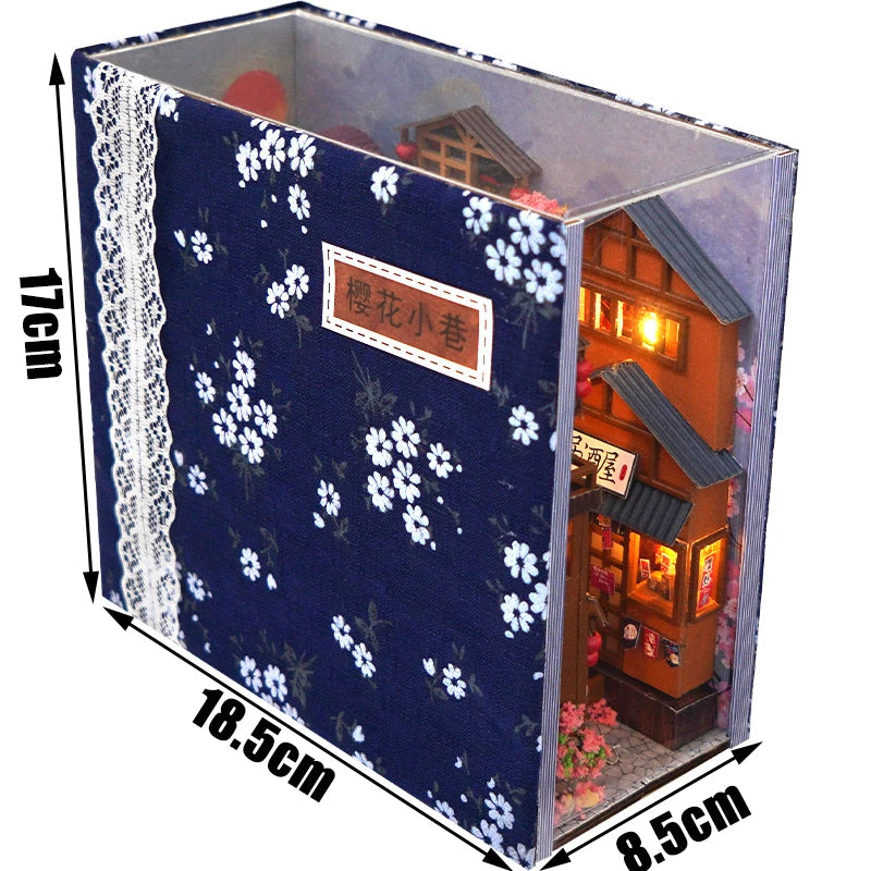 DIY Book Nook Shelf Insert Kits Miniature Dollhouse with Furniture Room Box Cherry Blossoms Bookends Japanese Store Toys Gifts