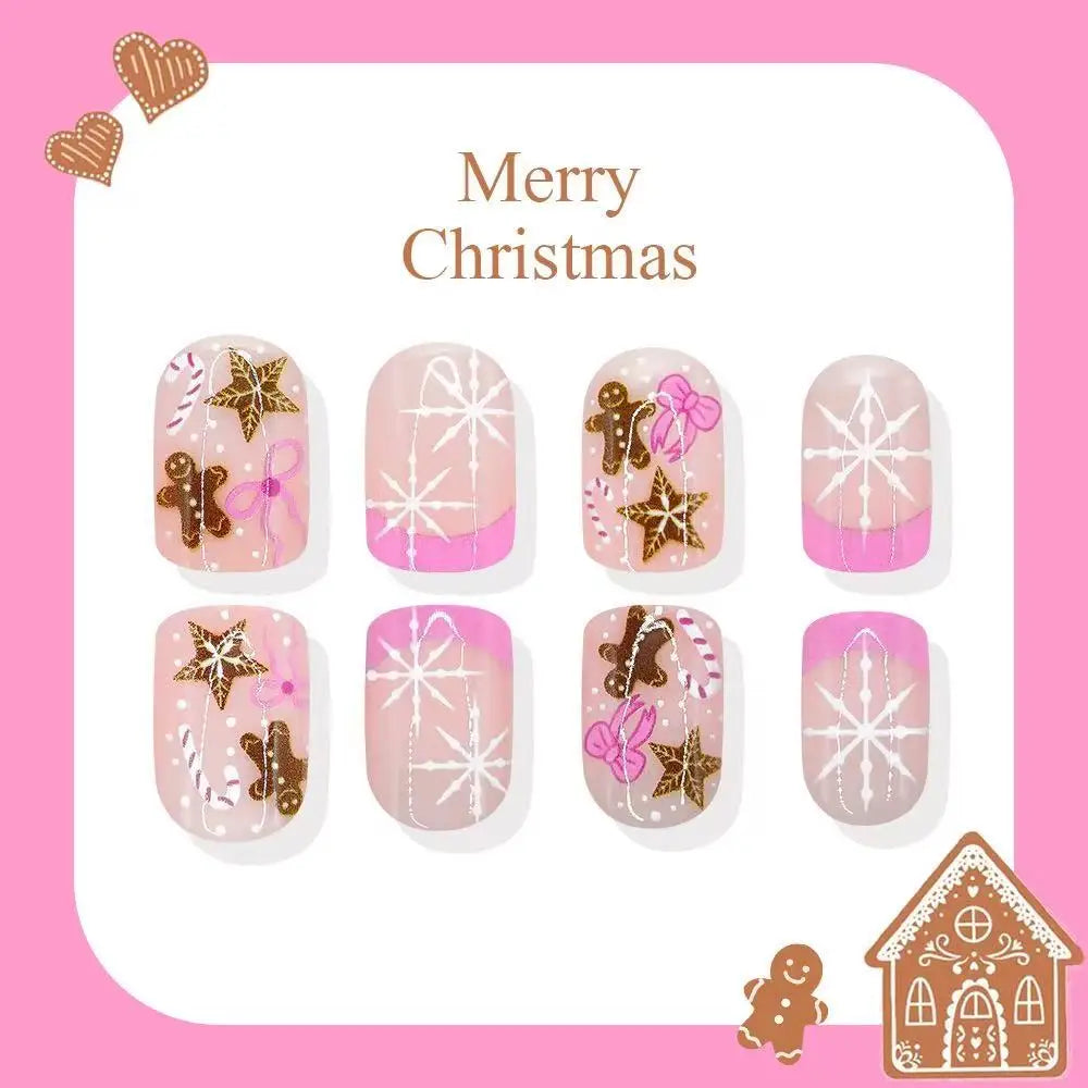 Christmas Press‑on Nails Short Square Shape Pink French Edge Hand Drawn Snowflake Gingerbread Candy Cane Design False Nails