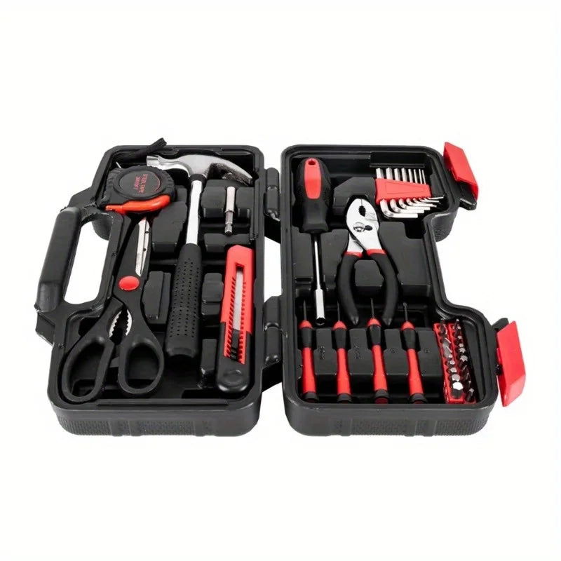 39Pcs/1 Set Pink Car Auto Tool Set with Tape Measure Claw Hammer Hex Key Scissors Household Repair Kit Box