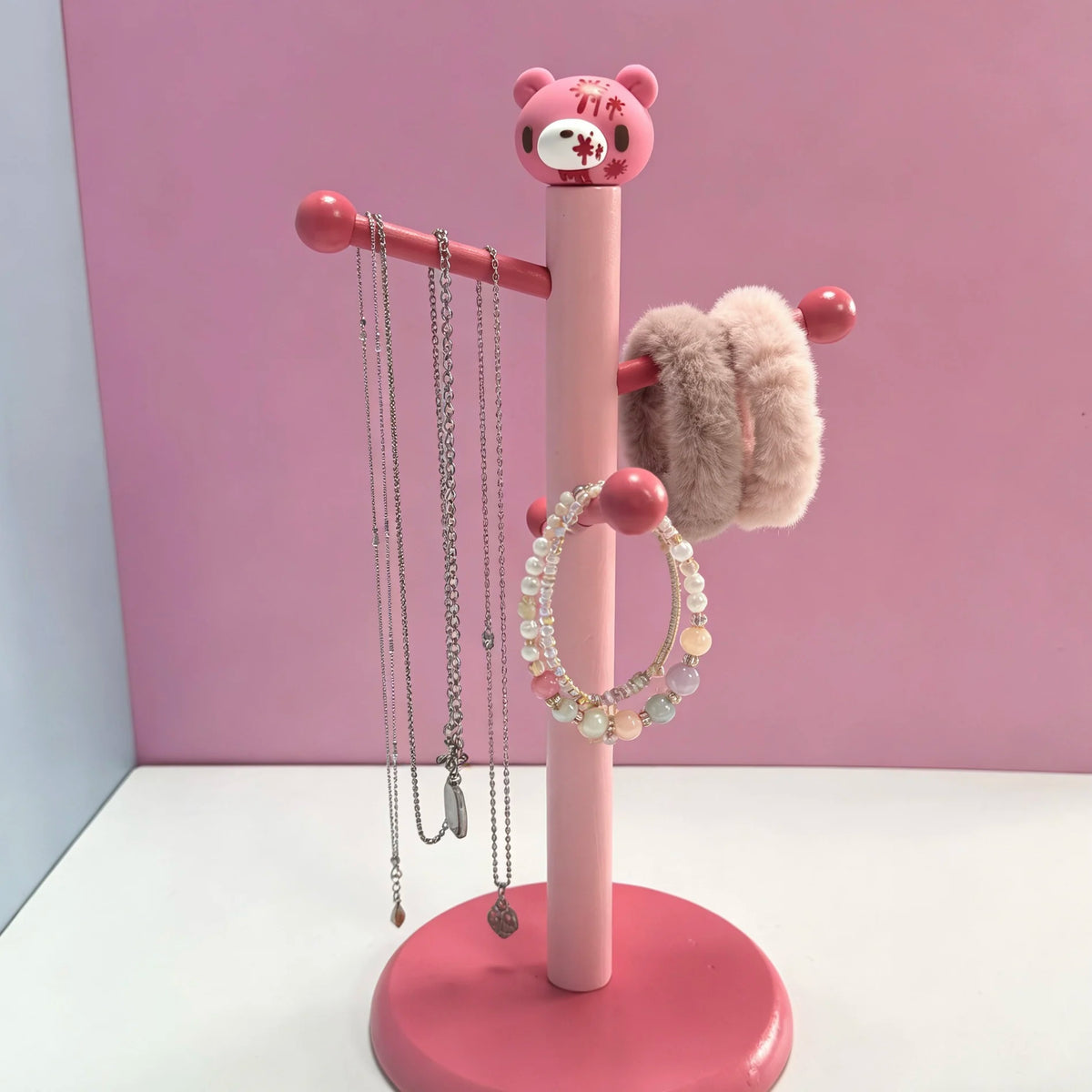 Cute Pink  Bear Wooden Jewelry Stand for Desk & Vanity