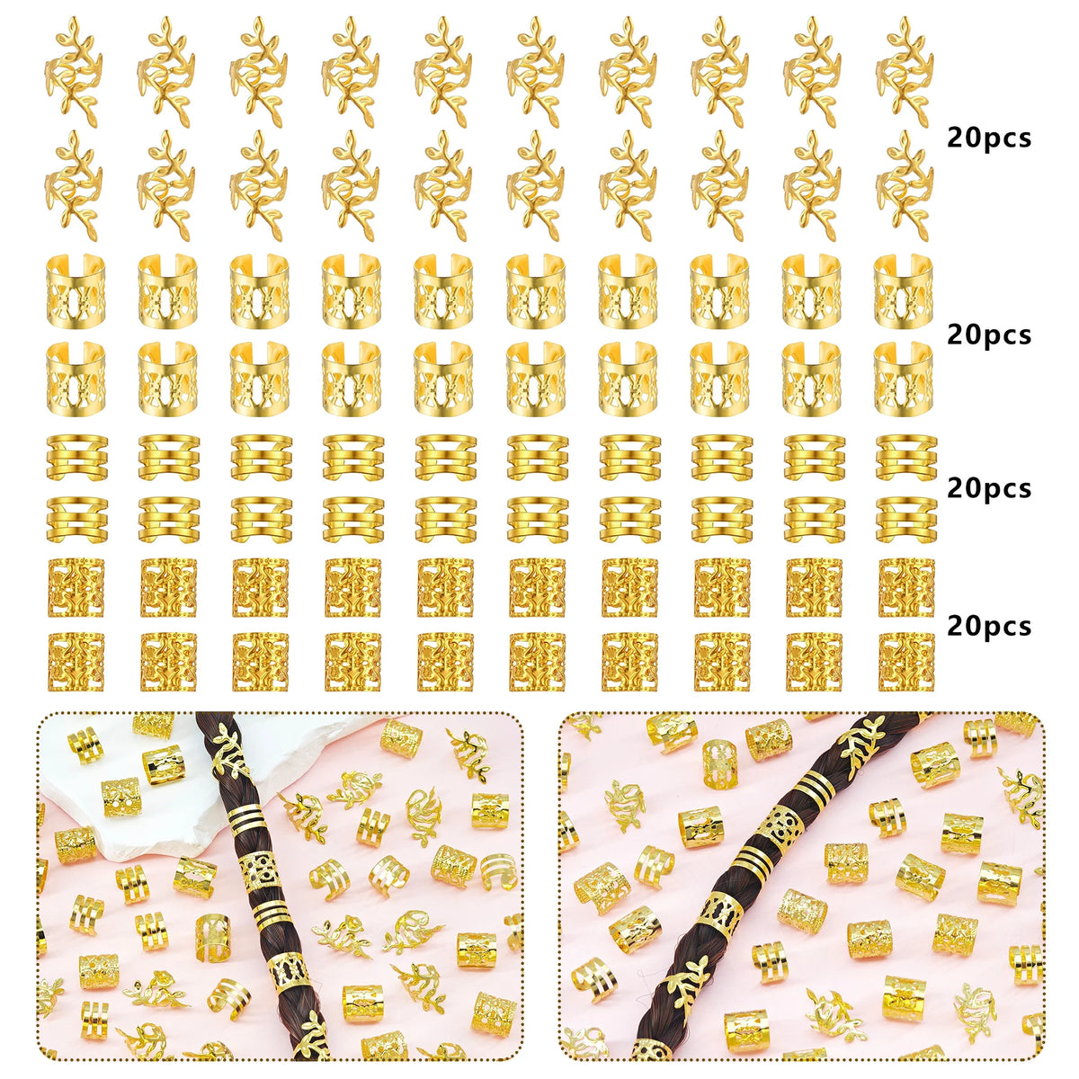 80Pcs Hair Cuffs Adjustable Hair Charms Metal Hair Jewelry Rings summer Hair Dreadlock Braid Accessories for Women and Girls