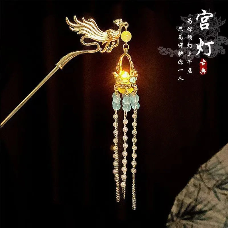 Luminous Flower Hairpin Lotus Light Lantern Tassel Hair Stick
