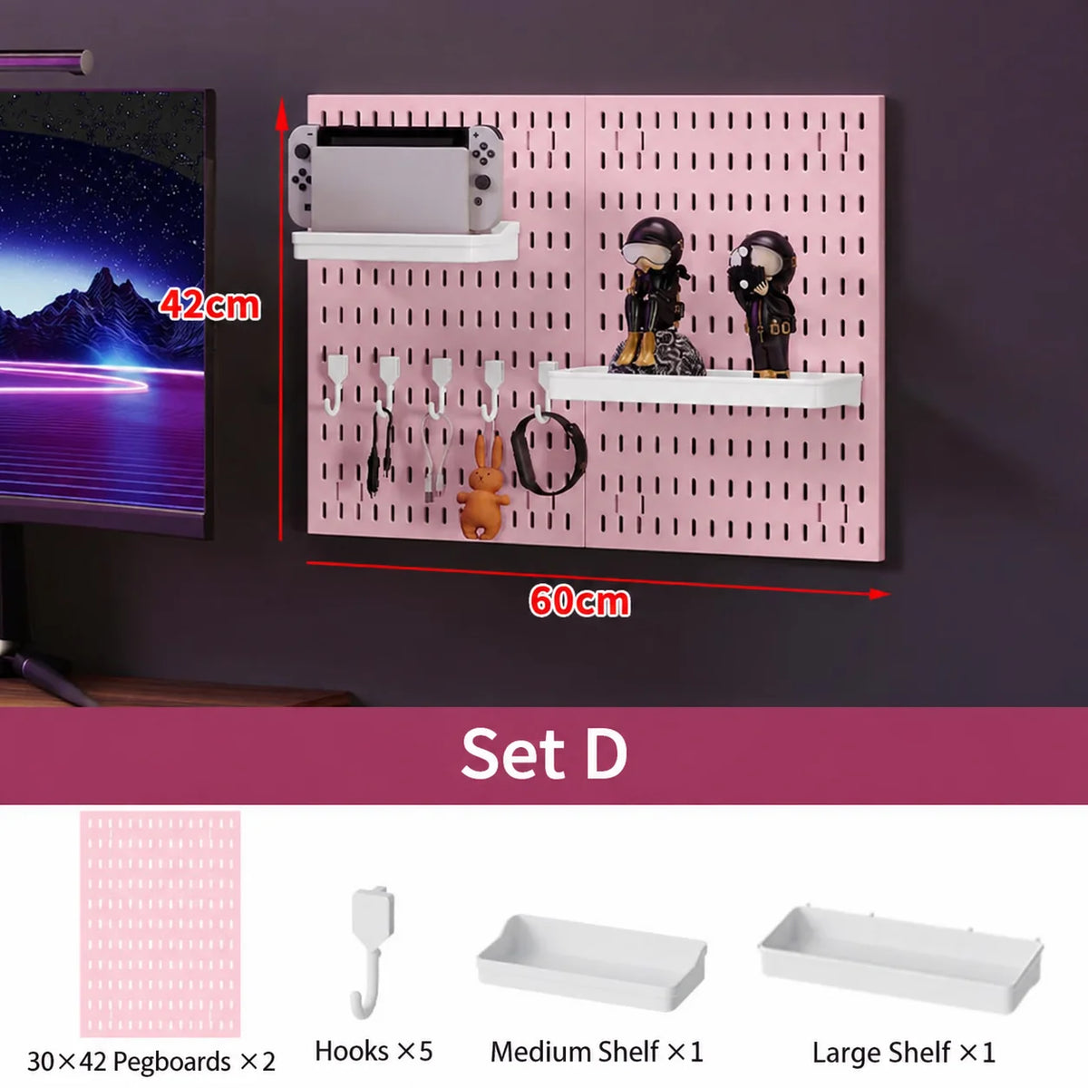 Pink No Drill Pegboard Storage Organizer Combinable Wall Mount Board for Gaming Desk Headset Game Controller Storage
