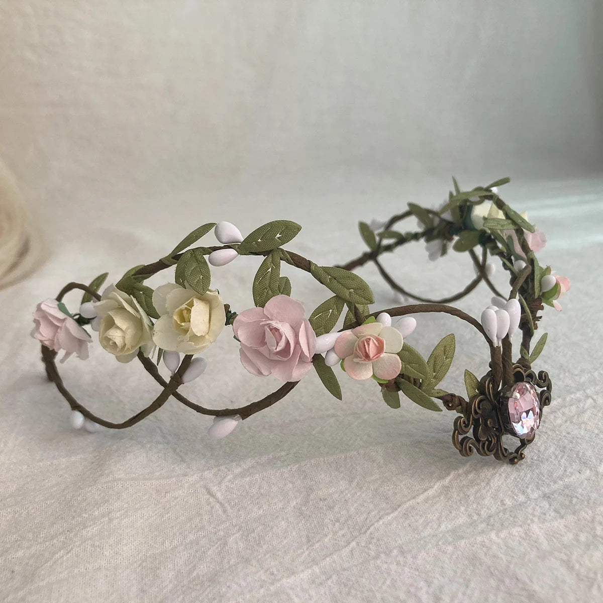 White Flower Fairy Crown - Handmade Rose Woodland Headpiece Forest Elf Crown Elven Floral Circlet for Women Renaissance cosplay