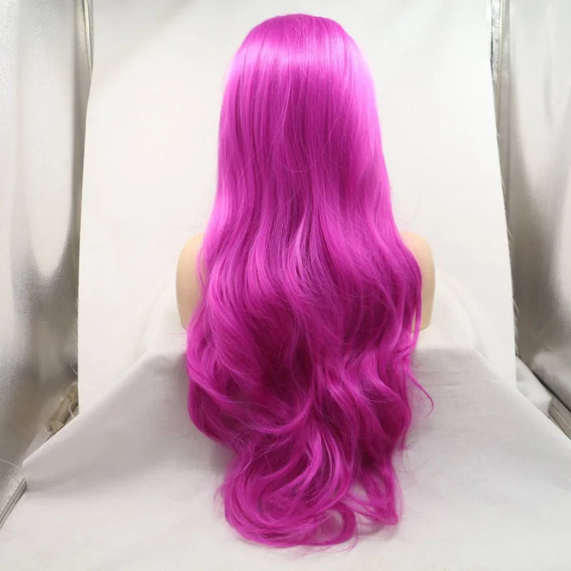 Women's wig in rose pink with large wavy long curls, hand-tied front lace, synthetic fiber, matte finish, full head cover