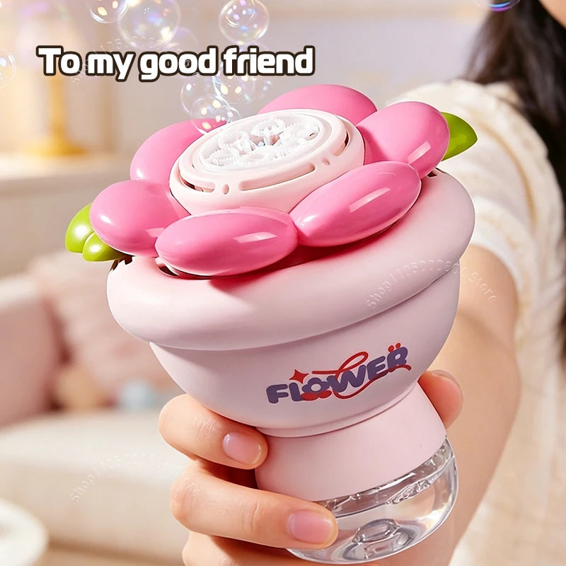 Mini Flower Bouquet Bubble Machine Automatic High Output Bubble Blower with Lights Cute Handheld Toy For Kids Wedding Party