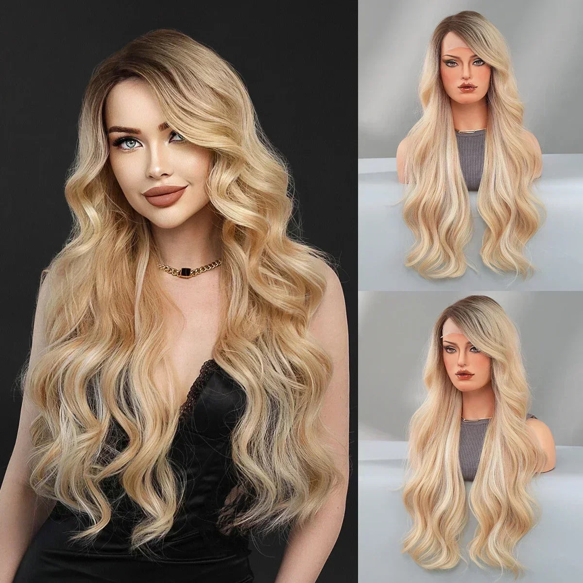 Blue Purple Ombre Wig Body Wavy, Side Part ,with Bangs High Density,Transparent Synthetic Lace Front