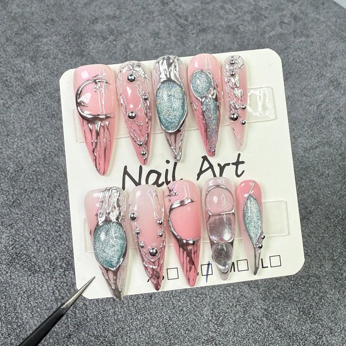 Halloween Long Coffin Gothic Metallic Acrylic Nails