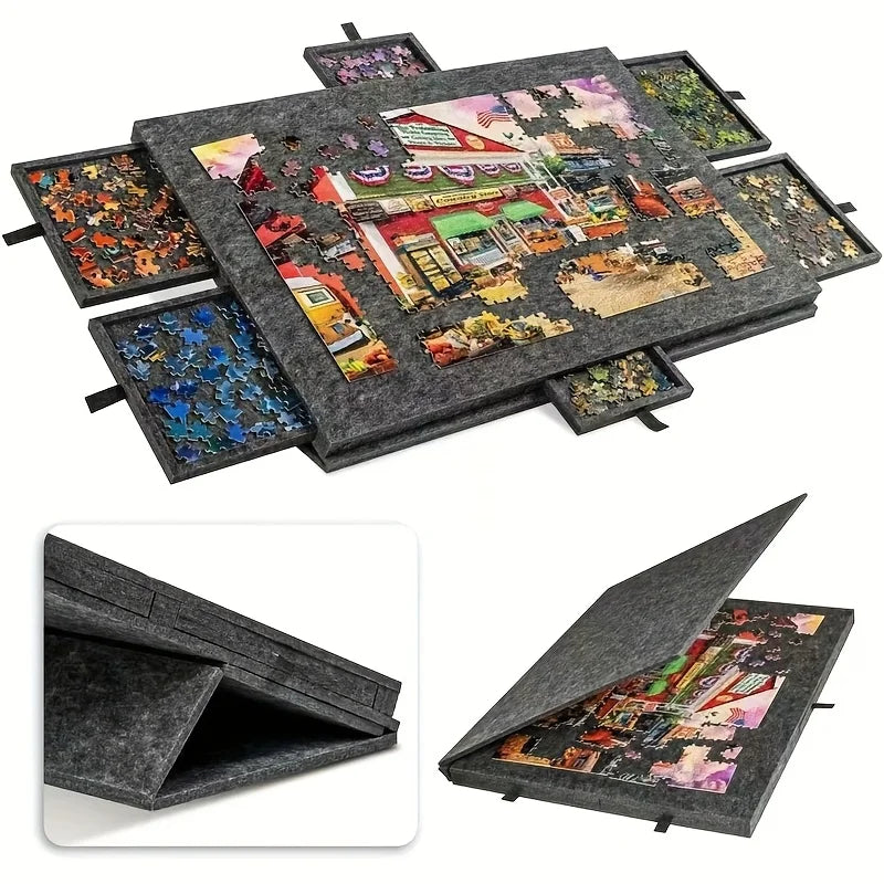 6-Drawer 1500pcs Jigsaw Puzzle Table, Felt Board with 6pcs Drawers, Tilting 2-in-1 Stand & Cover, Lightweight Portable for Gift