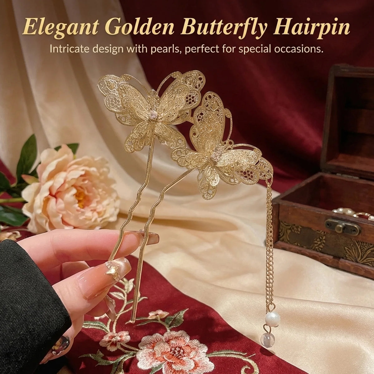 Neo Chinese Double Butterfly Tassel Hairpin Elegant Alloy Vintage Chinese Style For Wedding Party Daily Retro Outfit Women