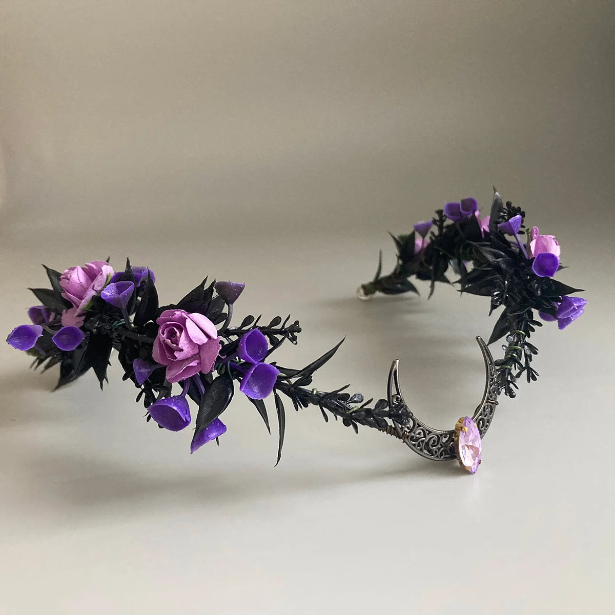 Black Elven Crown Purple Floral Woodland Crescent Tiara Headband Fairy Circlet Witch Headpiece Elvish Tiara Elven Diadem Renaiss