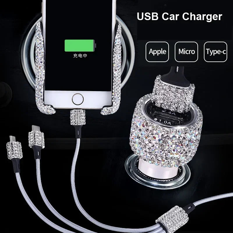 Rhinestone Car Charger 5V 2.1A Dual USB Port Fast Adapter Pink Car Decor Car Styling Diamond Car Accessories Interior for Woman