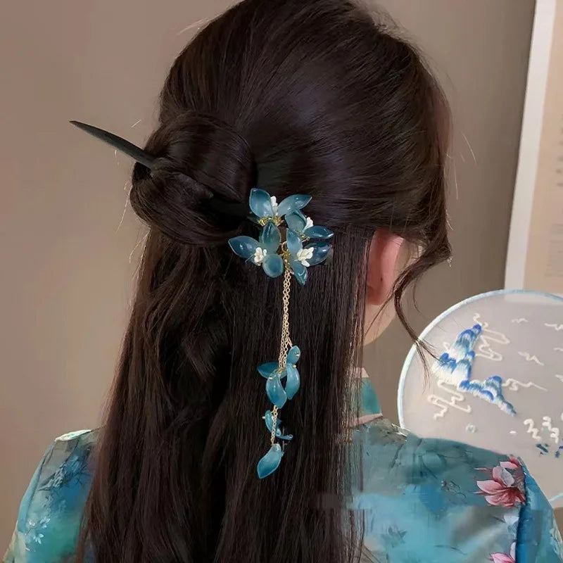 Chinese Style Blue Glaze Flower Hair Sticks