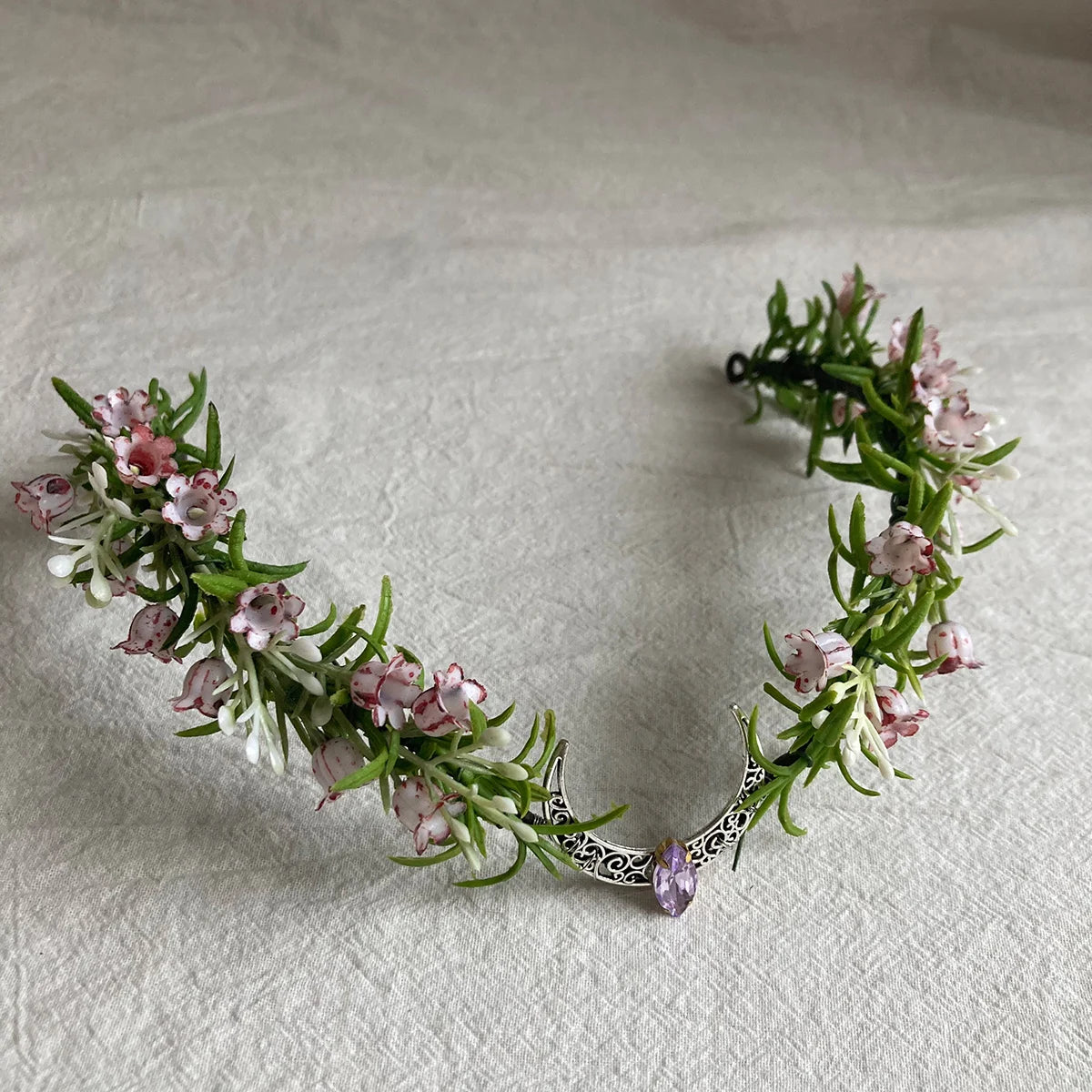 Bell orchid Elven Tiara Crescent Moon Headband Silver Elven Circlet Dainty flower Halo Fairy Headress Costume Bridal Crown