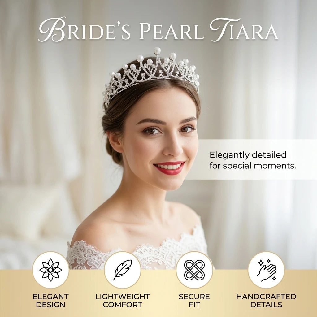 1pc Bridal Tiara Pearl Rhinestone Wedding Crown Elegant Korean Style Headpiece for Bride Party Ceremony Jewelry Gift