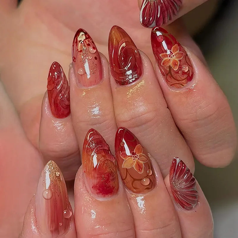 24pcs Long Almond Sweet Flower Pink with Shell Pearl Design Acrylic Nails