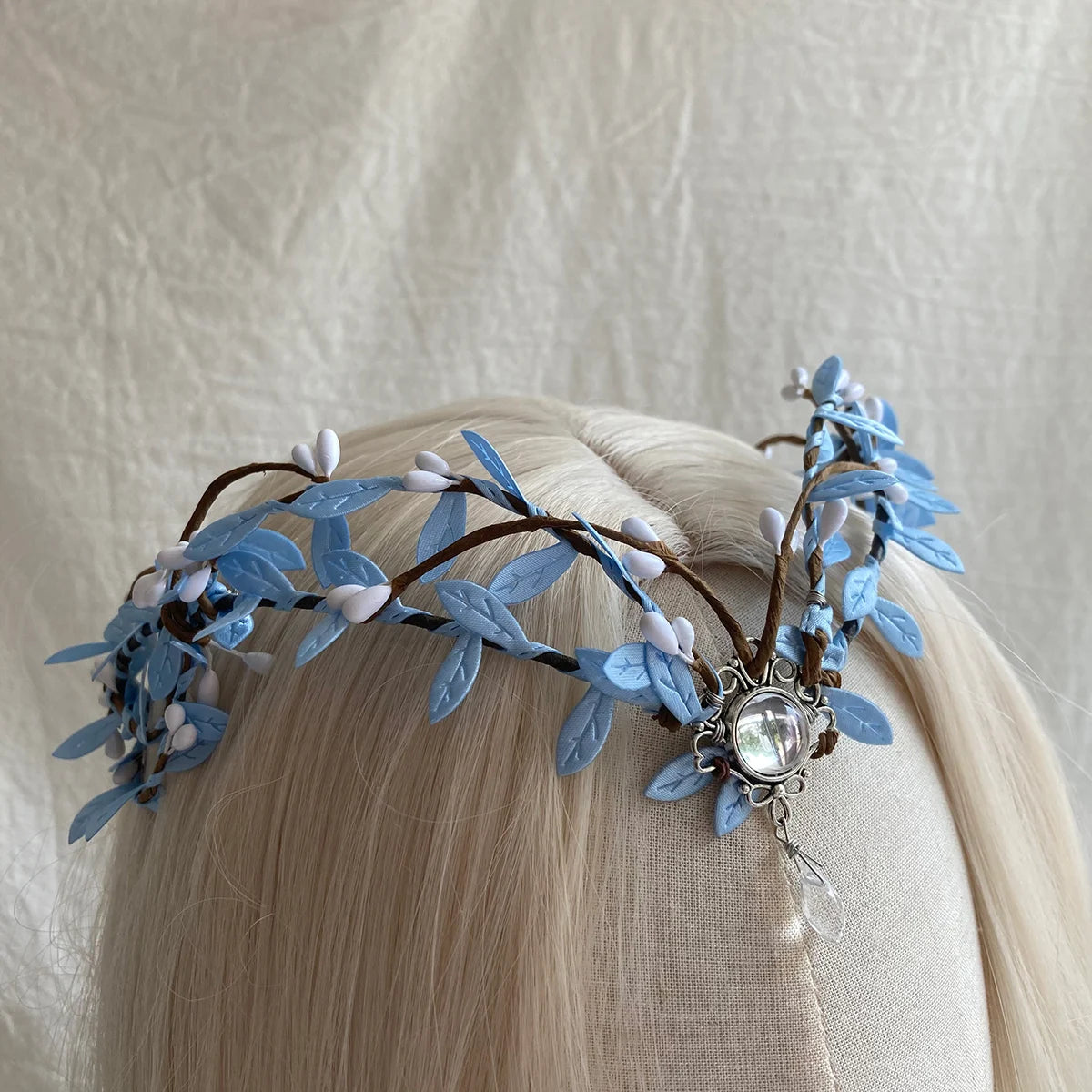 White Gem Woodland Fairy Crown ELF Tiara Boho Bridal Headband Blue Leaves Elven Headpiece Fairy Costume Circlet Renaissance