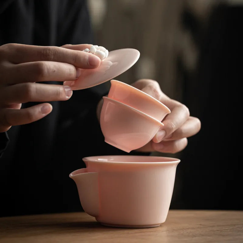 Handmade Pink Flower Carving, Travel Camping, Fast Guest Cup, Kung Fu Tea Set, Ceramic Teapot, Gaiwan Tea Ceremony, Ladies' Gift