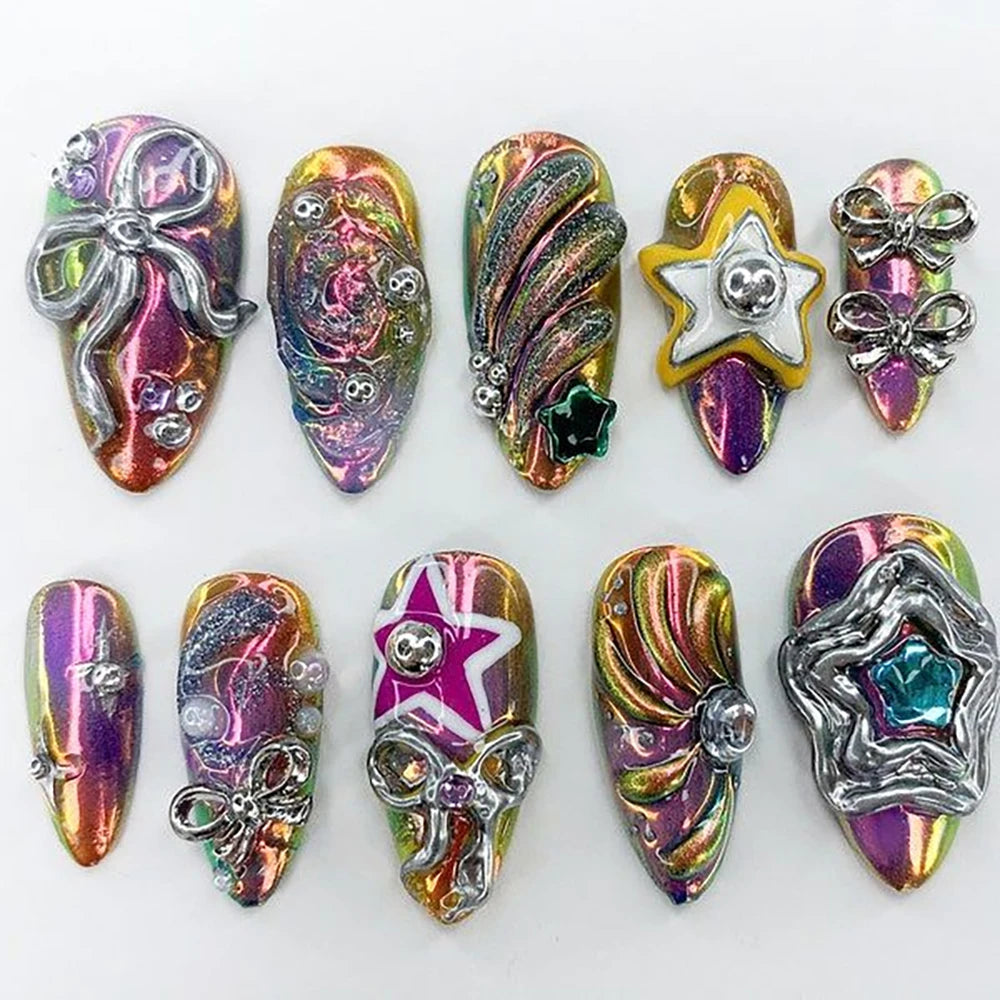 10Pcs 3D Flower Bow Gel Acrylic Nails Almond