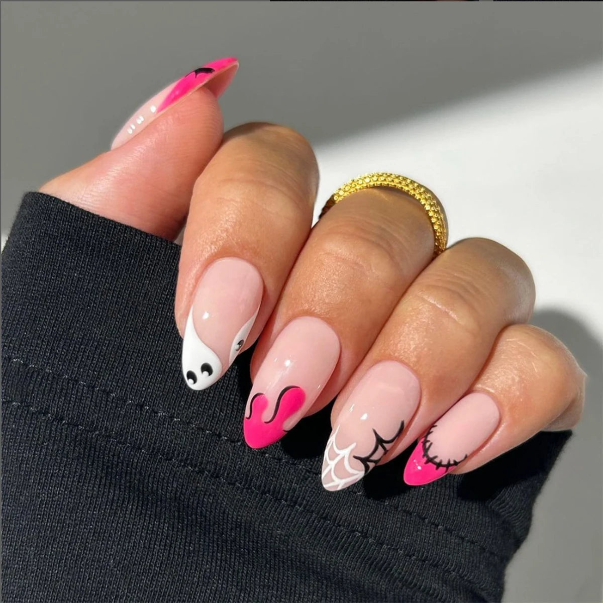 24pcs Long Square Press On Nails, Nude Black Pink French Tips with Ghost Bat Spider Web Blood Drip Print, Sweet Gothic Halloween