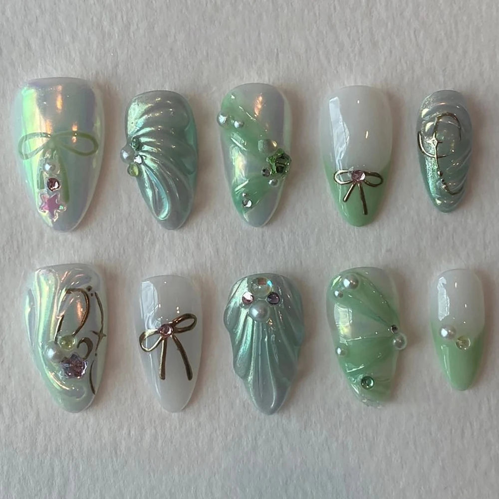 10Pcs 3D Flower Bow Gel Acrylic Nails Almond