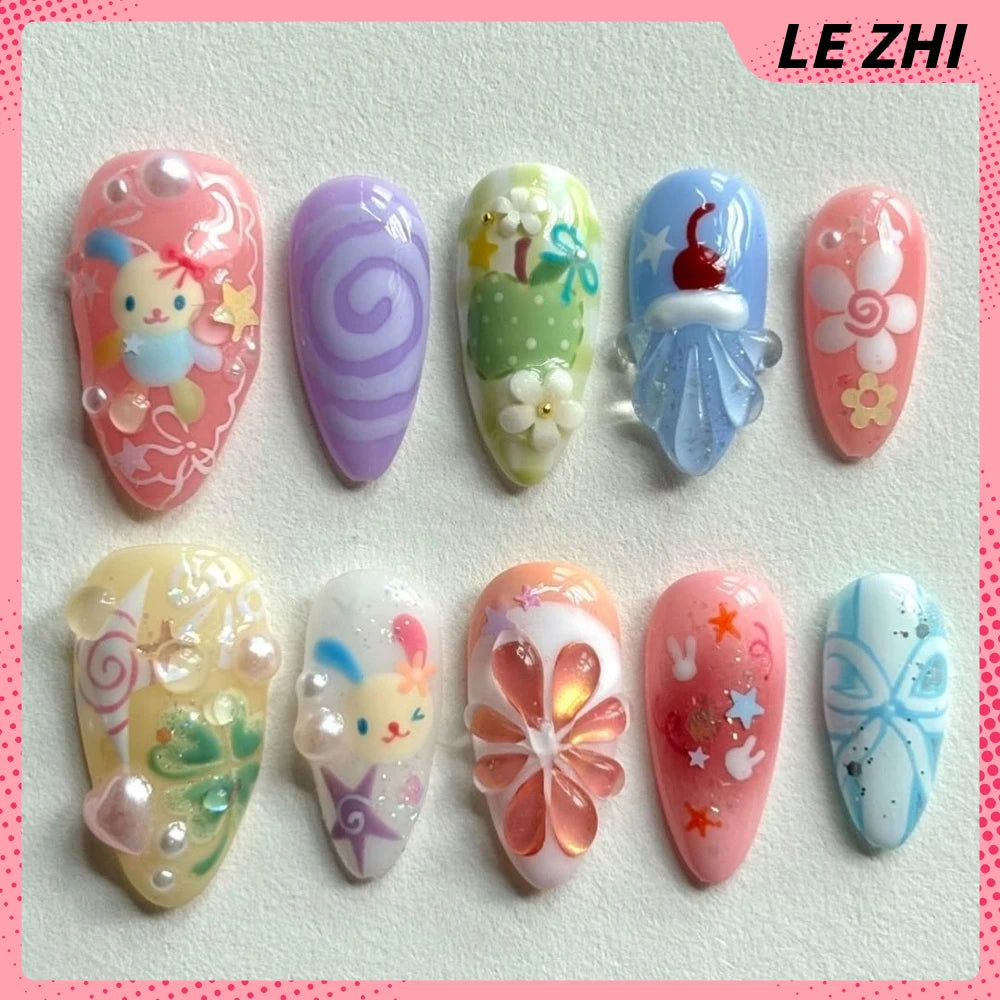 10Pcs 3D Flower Bow Gel Acrylic Nails Almond