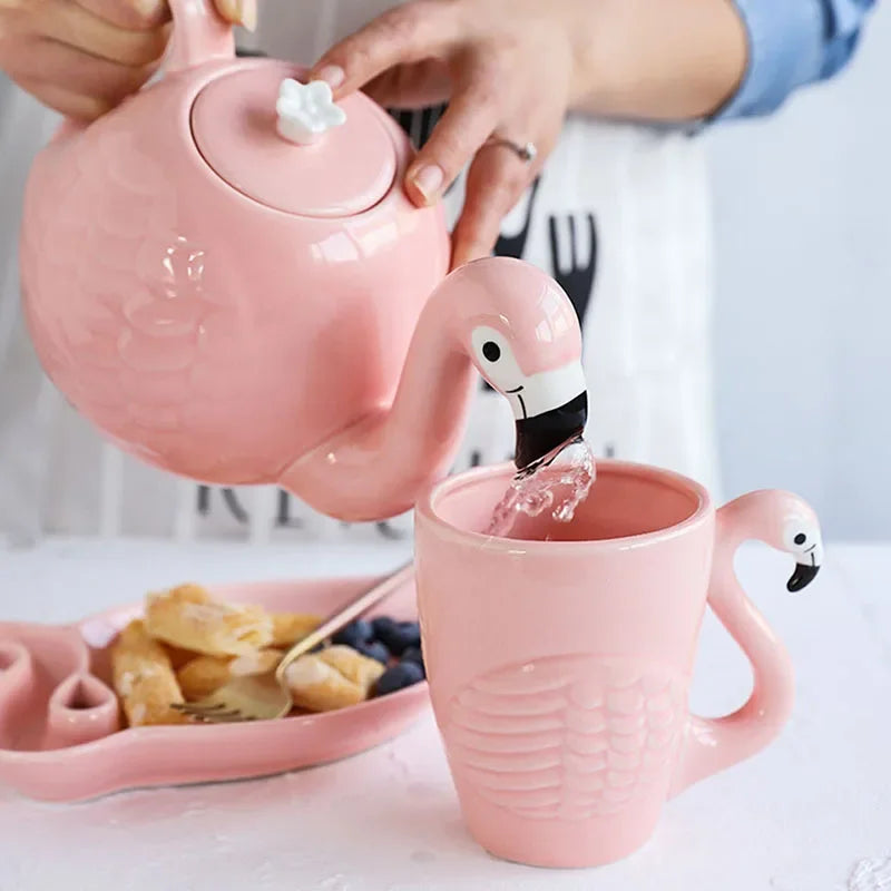Flamingo Teapot Set Ceramic With Handle Cute Animal Mark Cup Pink Porcelain Tea Pot Teaware Drinking Tools