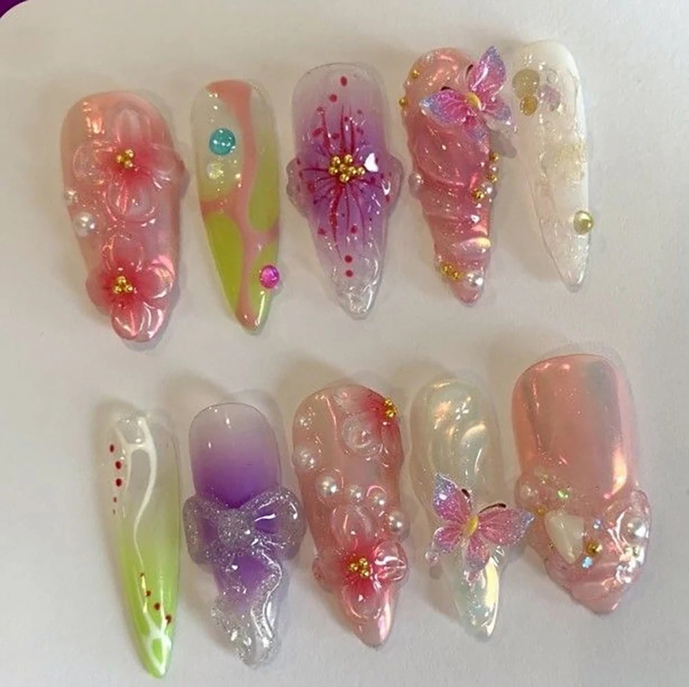 10Pcs 3D Flower Bow Gel Acrylic Nails Almond