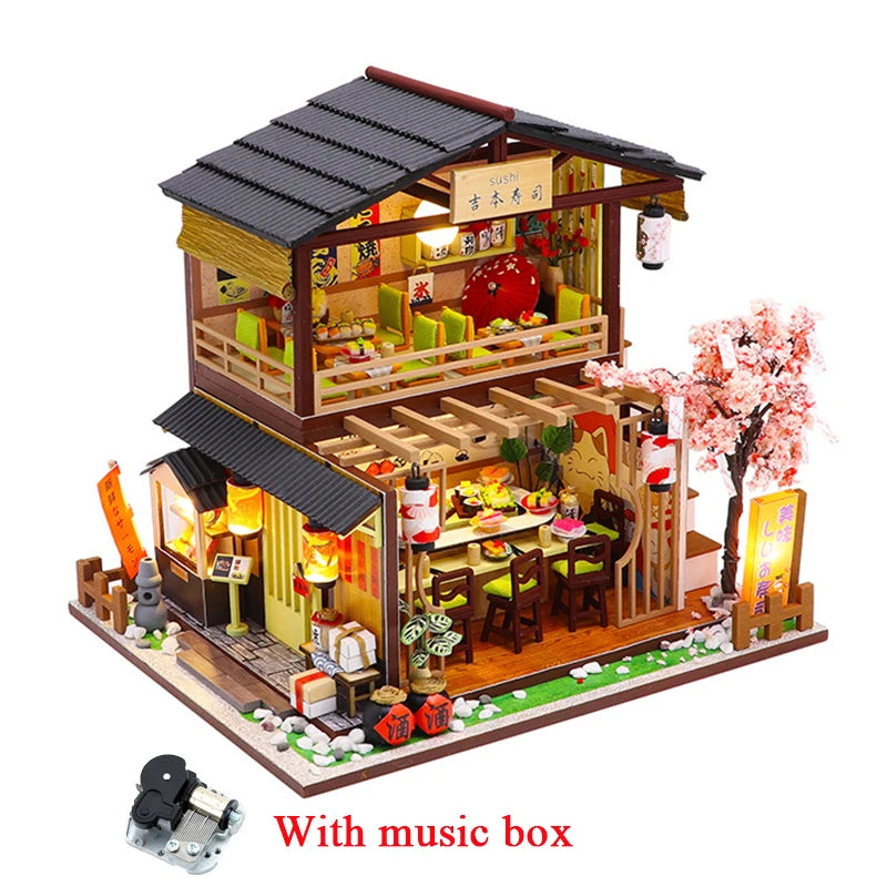DIY Wooden Miniature Model Kit Japanese Sushi Store Casa Doll Houses 3D Puzzle Dollhouse With Furniture Lights for Friends Gifts