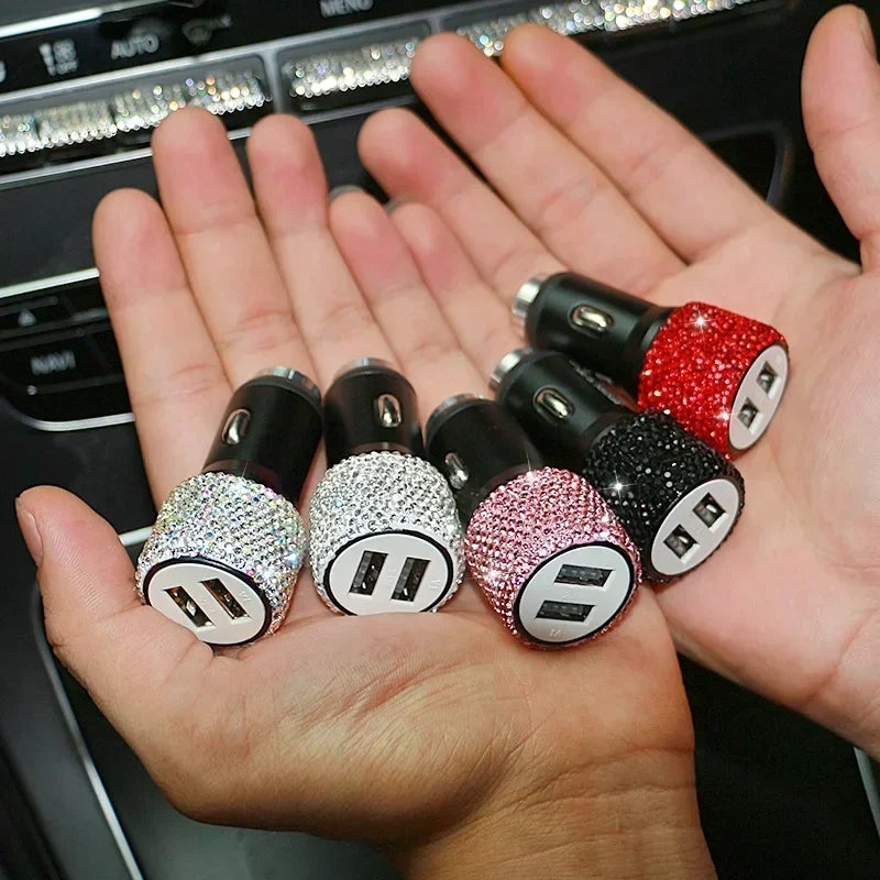 Rhinestone Car Charger 5V 2.1A Dual USB Port Fast Adapter Pink Car Decor Car Styling Diamond Car Accessories Interior for Woman