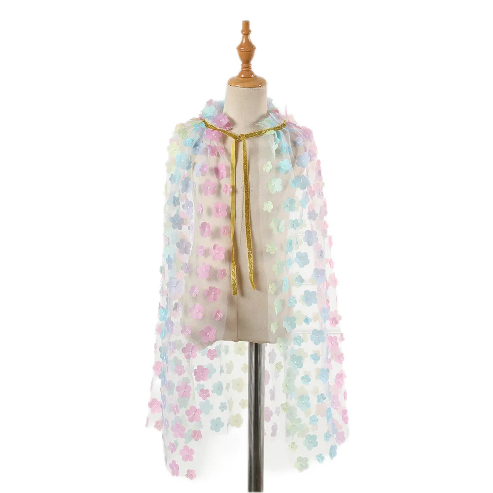 New Colourfu Flower Girls Cloak Fairy Lace Embroidered Cloak Children's Mesh Princess Cape Shawl Birthday Party Kids Clothes