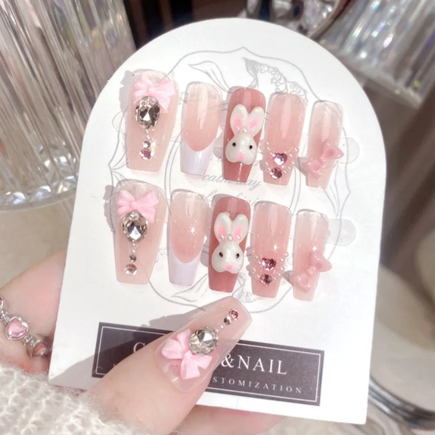 24pcs Kawaii Cartoon Rabbit Press On Nails Bowknots Diamond Decor Mid-length Coffin False Nail White French Blush Pink Fake Nail