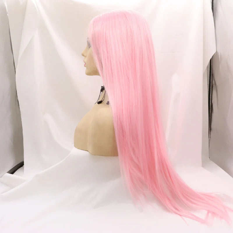 Pink synthetic fiber lace wig with middle parting and long straight hair