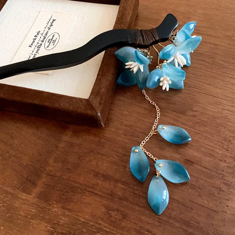 Chinese Style Blue Glaze Flower Hair Sticks