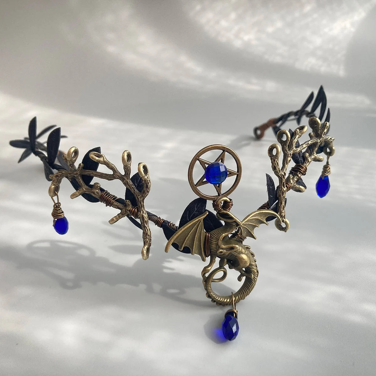 Dragon's Magic Woodland Tiara with Branches and Drop Crystals dark blue Moon crown Elven crown Dark fairy crown Gothic headpiece