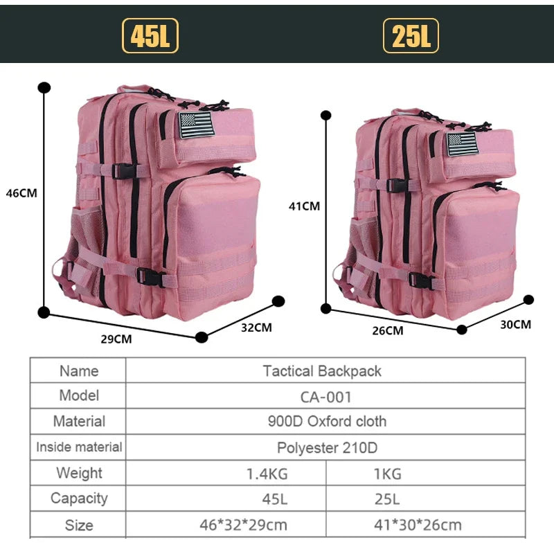 25L/45L 3P Tactical Backpack for Men Women Pink Outdoor Camping Hunting Accessories Military Army Molle Rucksacks Assault Bag