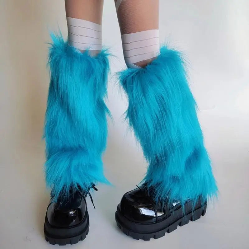 E56A Plush Furry Leg Warmers for Women Winter Boot Toppers Thermal Warm Bright Blue Fuzzy Foot Covers Footless Socks Gaiters