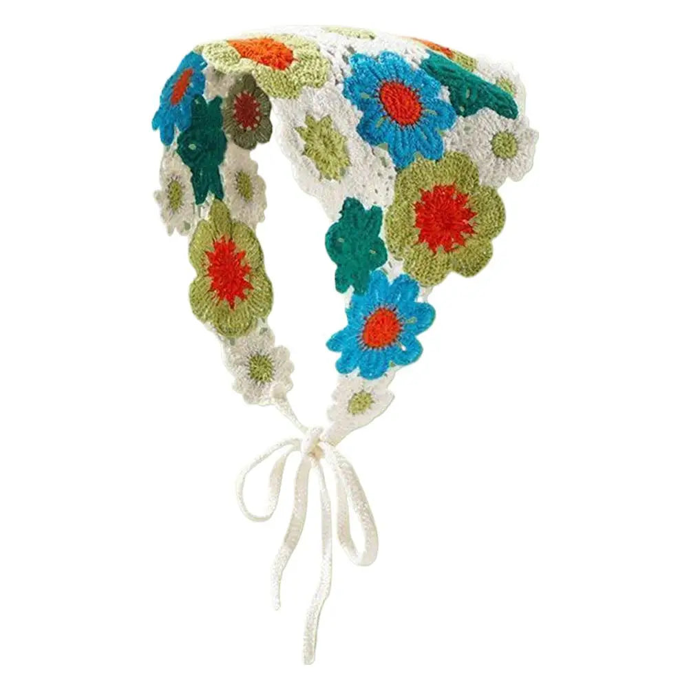 Sweet French Style Lace Triangle Scarf Bohemia Summer Hollow Floral Headband Ribbon Weave Print Beach Vacation Hair Accessories
