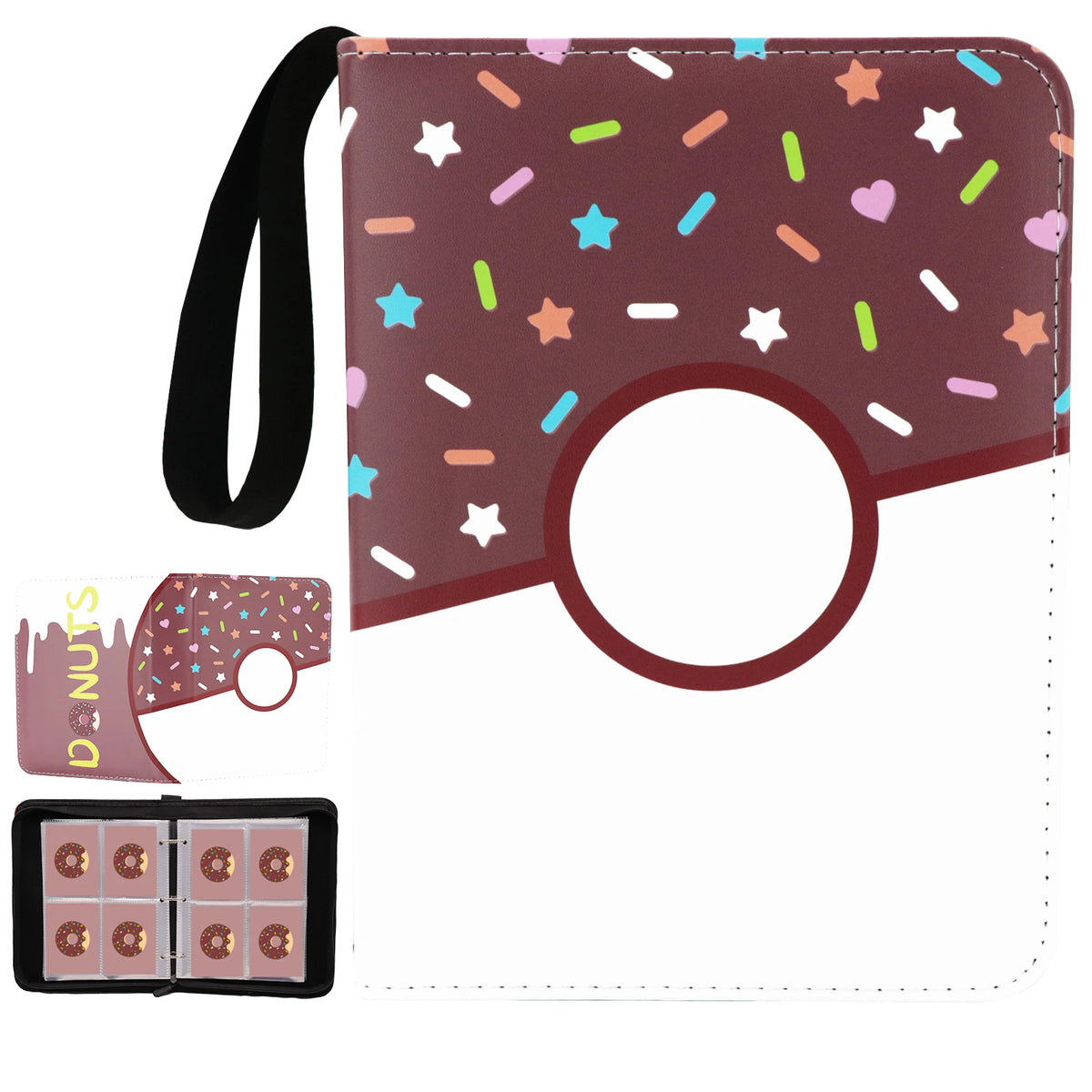 Donut 4 Pocket Card Binder Cartoon TCG Zipper Album Book Multi-Pocket Expandable Photo Collection File for Pokemon Card ID Badge